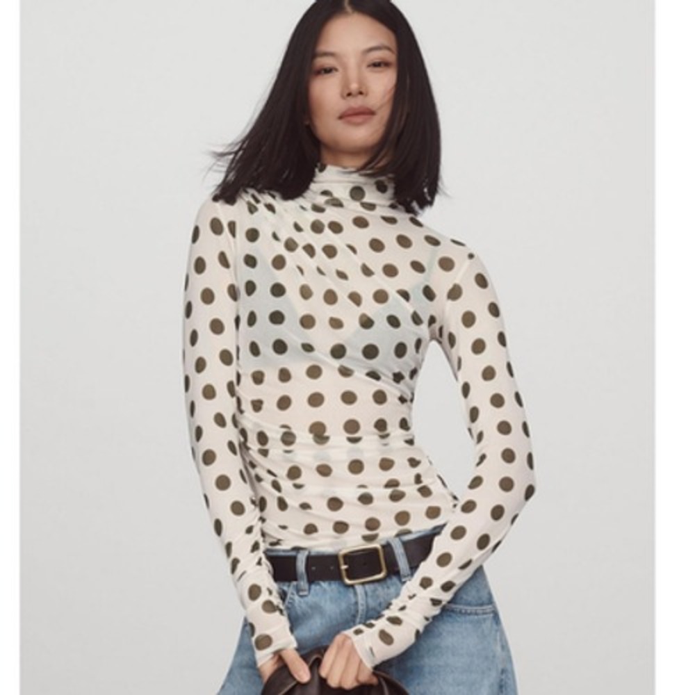 AFRM Zadie Turtleneck Top Ivory Green Polka Dot Long Sleeve Mesh Sheer Sz S